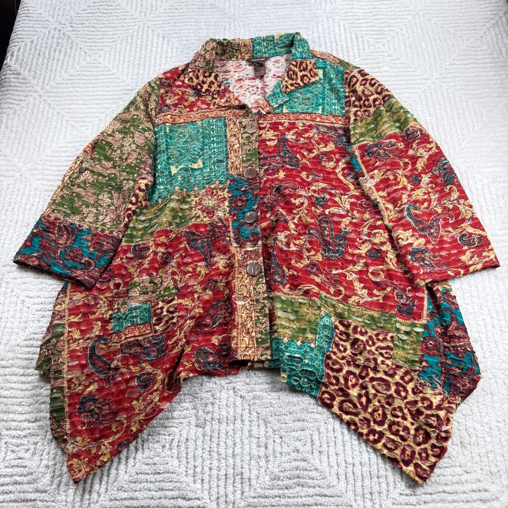 Multiples Patchwork Burnout Top Women's 1X Multi Color Paisley Boho Lagenlook
